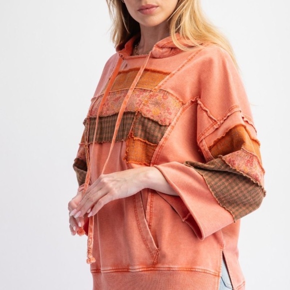NEW EASEL CLOTHING WASHED TERRY KNIT PULLOVER HOODIE PATCHWORK SWEATSHIRT SMALL - Picture 4 of 5